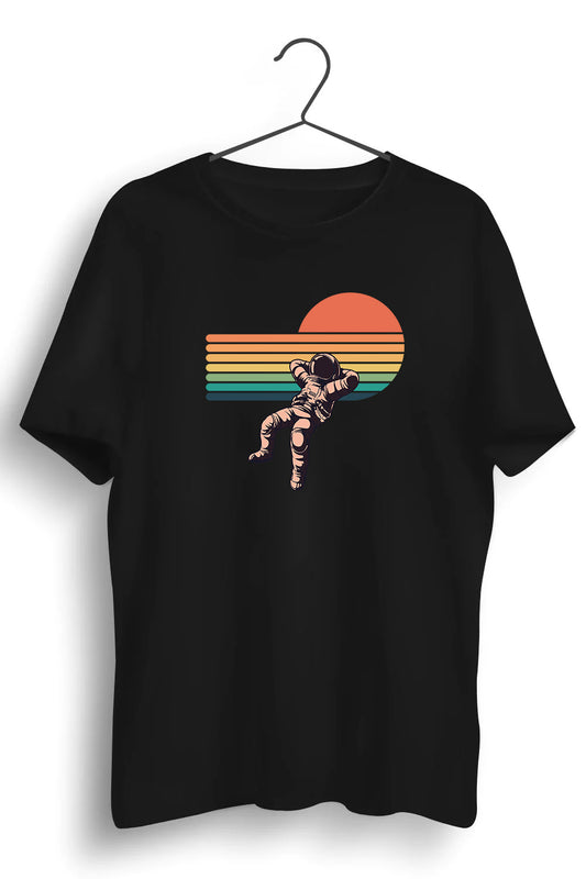Astronaut And Sunset Graphic Printed Black Tshirt