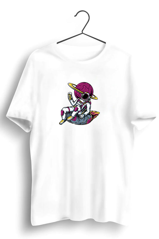 Astronaut And Planet Graphic Printed White Tshirt