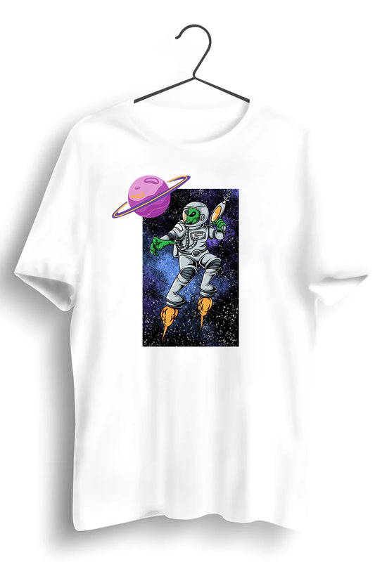 Alien In Space Suit Graphic Printed White Tshirt