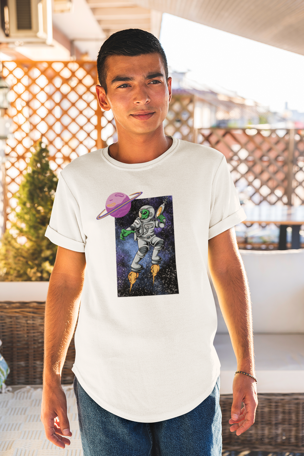 Alien In Space Suit Graphic Printed White Tshirt